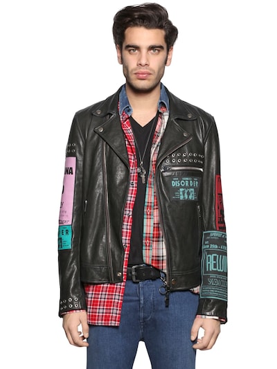 DIESEL LEATHER BIKER JACKET W/ PATCHES & STUDS,66I1W0001-OTAw0