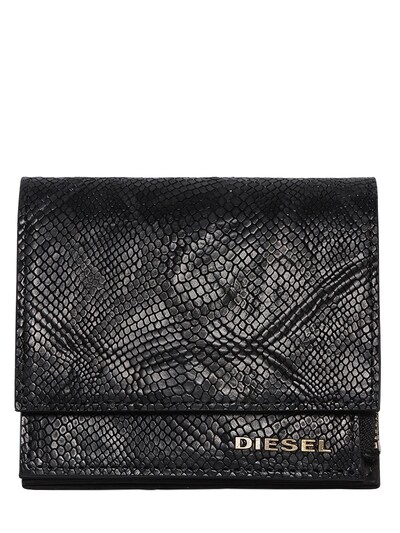 Diesel Snake Embossed Leather Flap Wallet In Black