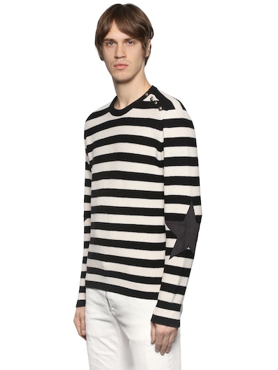 Just Cavalli Striped Wool Sweater W/ Star Patches In White/black