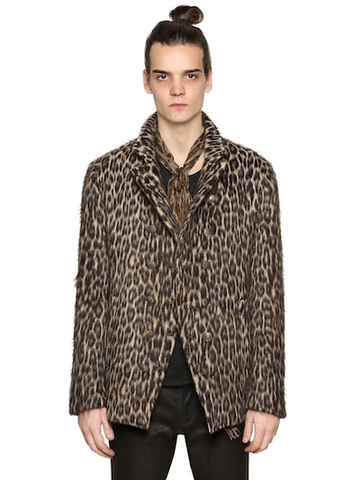 John Varvatos Leopard Double Breasted Wool Jacket In Brown