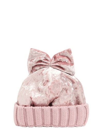 Federica Moretti Velvet & Wool Knit Beanie Hat W/ Bow In Pink