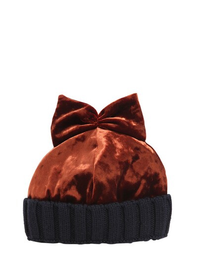 FEDERICA MORETTI VELVET & WOOL KNIT BEANIE HAT W/ BOW,66I33O002-ULVTU0VULKJMVUU1