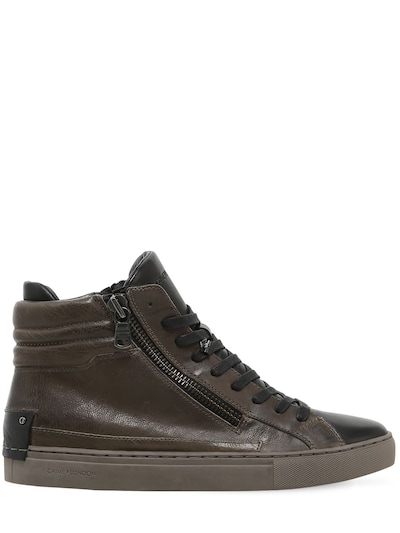 Crime Double Zip Leather High Top Sneakers In Army Green