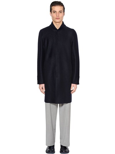 Emporio Armani Boiled Wool Coat W/ Knit Collar In Navy