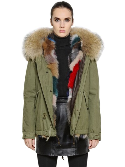 Mr & Mrs Italy Cotton Canvas Jacket With Fox Fur In Green/multi