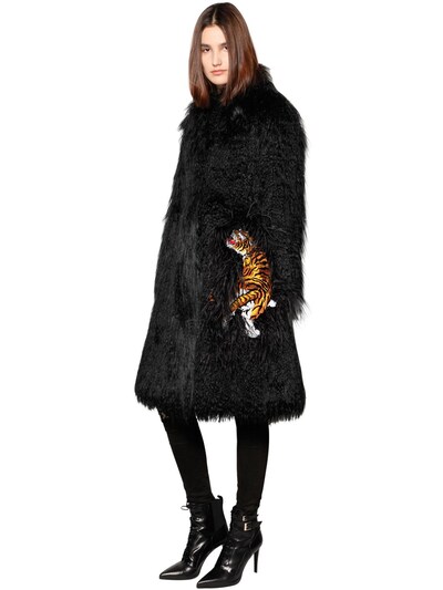 Ainea Tiger Faux Fur Coat W/ Feathers In Black