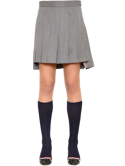 THOM BROWNE Pleated Wool Twill Mini Skirt in Grey | ModeSens
