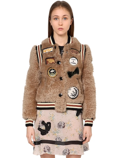 coach shearling varsity jacket with patches