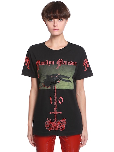 Dilara Findikoglu Marilyn Manson Printed & Beaded T-shirt In Black