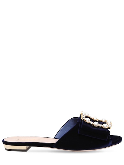 Sebastian 10mm Embellished Velvet Slide Sandals In Navy