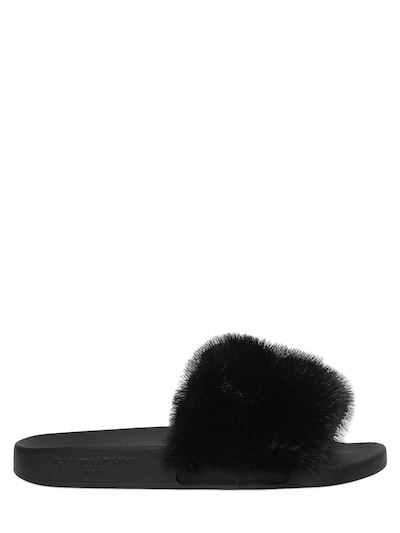 Givenchy Mink Fur Rubber Slide Sandals In Black