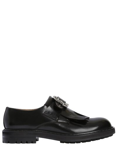 ALEXANDER MCQUEEN FRINGED & BELTED LEATHER SLIP-ON LOAFERS, BLACK,66IA9U003-MTAwMA2