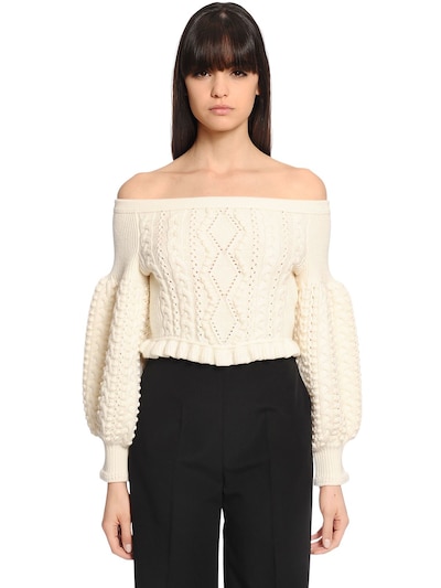VALENTINO CROPPED OFF THE SHOULDERS WOOL SWEATER, IVORY