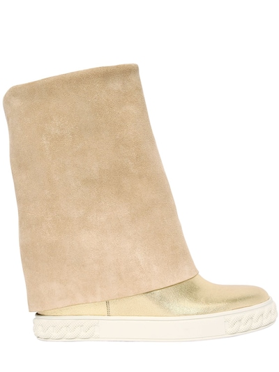 Casadei 100mm Metallic Leather & Suede Boots In Beige/gold