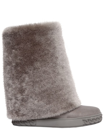 CASADEI 80MM SHEARLING & LEATHER WEDGED BOOTS,66IAKJ005-MDBB0