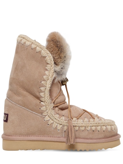 Mou 20mm Eskimo Rabbit Fur Lace Up Boots In Camel