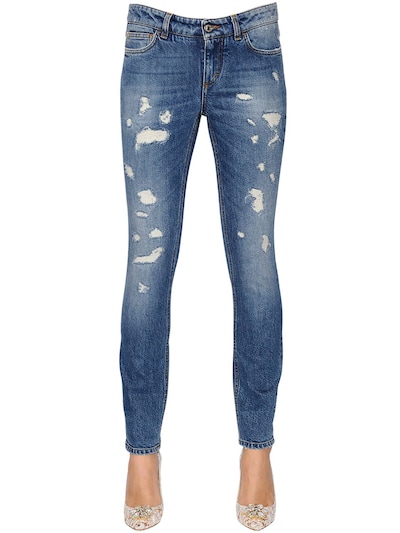 Dolce & Gabbana Skinny Destroyed Cotton Denim Jeans In Blue
