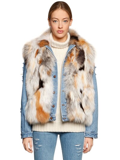 Forte Couture Le Bon Fox Fur Vest & Denim Jacket In Blue/beige