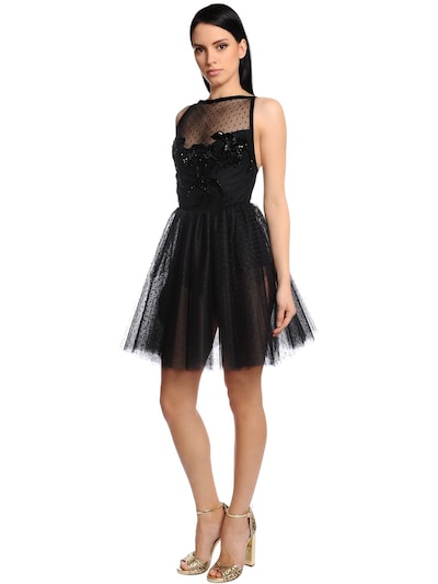 Elie Saab Embroidered Tulle Dress W/ Velvet Trims In Black