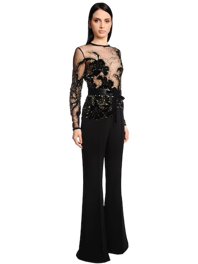 Elie Saab Embroidered Cady Velvet & Tulle Jumpsuit In Black | ModeSens