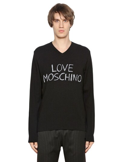 Love Moschino Chalk Logo Printed Viscose Knit Sweater In Black