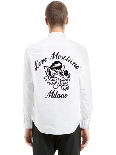 Love Moschino Wolf Flocked Cotton Poplin Shirt In White