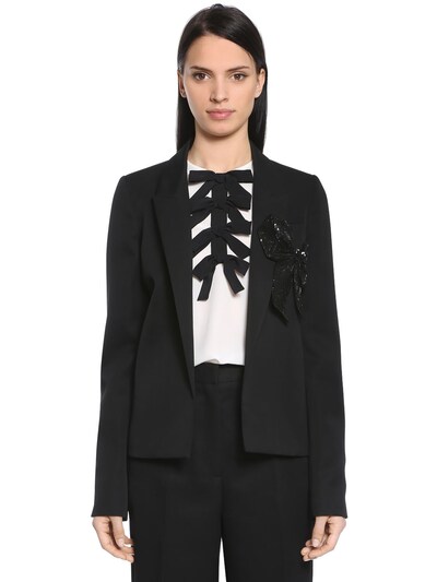 Rochas Cool Wool Jacket W/ Sequined Bow In Black