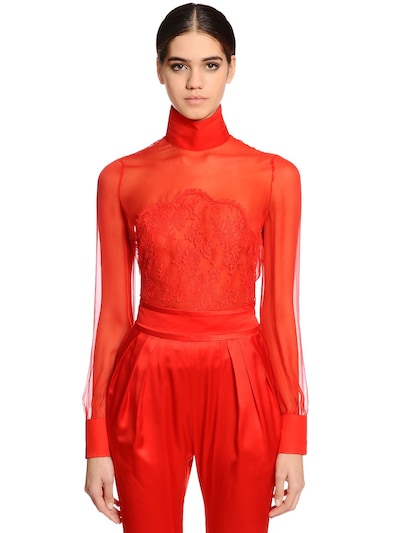 Givenchy Sheer Silk Chiffon & Lace Blouse In Red