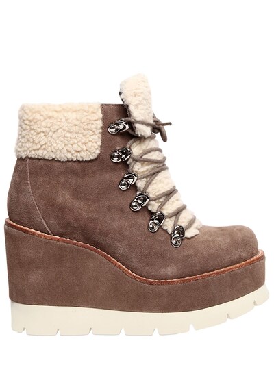 Jeffrey Campbell 80mm Fowler Suede & Faux Shearling Boots In Taupe/beige