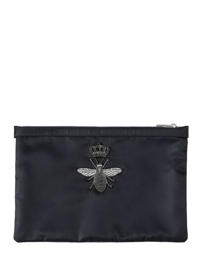 Dolce & Gabbana Bee Embroidered Patch Small Nylon Pouch In Black