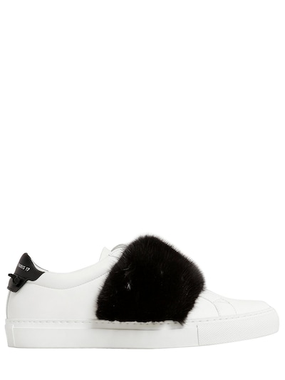 GIVENCHY 20MM LEATHER & MINK SLIP-ON SNEAKERS, WHITE/BLACK,66IG59001-MTE20