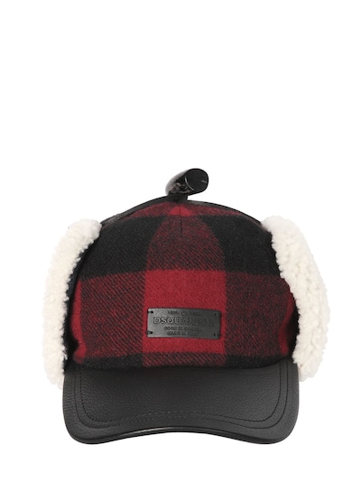 DSQUARED2 CHECK WOOL & LEATHER HAT W/ SHEARLING,66IG7F026-TTU1Ng2