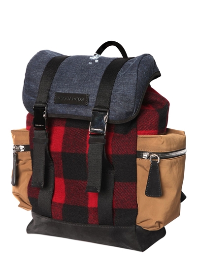 DSQUARED2 CHECKED WOOL & DENIM BACKPACK