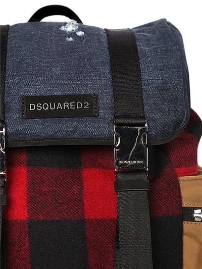 DSQUARED2 CHECKED WOOL & DENIM BACKPACK