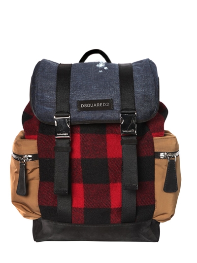 DSQUARED2 CHECKED WOOL & DENIM BACKPACK