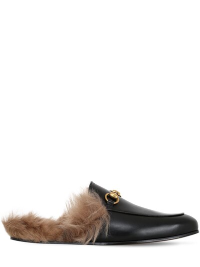GUCCI PRINCETOWN LEATHER MULES WITH FUR, BLACK,66IH0M003-MTA2Mw2