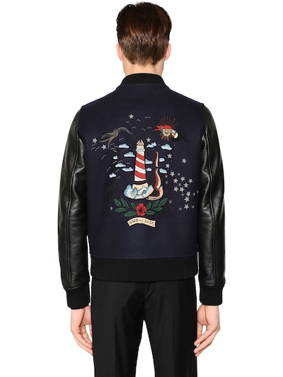 Valentino Tattoo-embroidered Wool And Bomber Jacket In Navy Multi | ModeSens