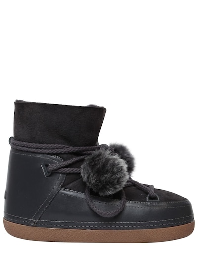 Inuikii 20mm Pompom Suede & Leather Snow Boots In Grey