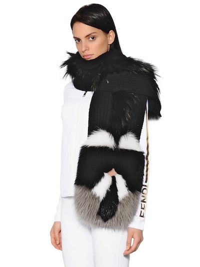 Fendi Karlito Wool Blend Knit & Fur Scarf In Black/white