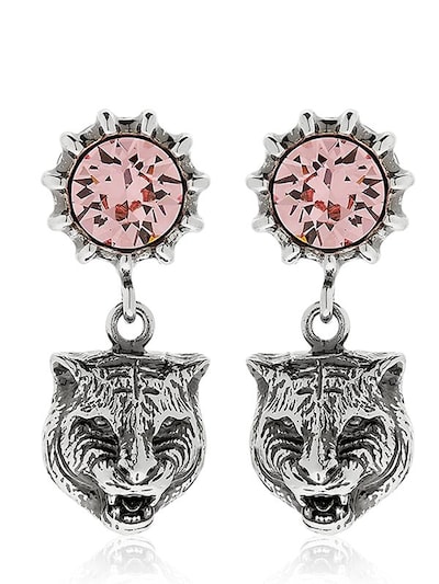Gucci Angry Cat Head & Crystal Earrings In Pink
