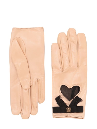Gucci Leather Gloves W/ Bow & Cat Detail, Beige