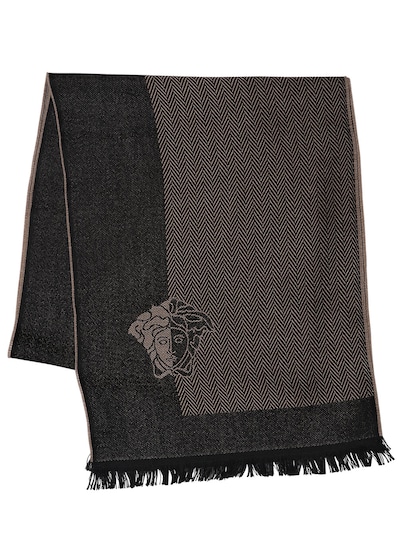 Versace Medusa Intarsia Wool Scarf In Beige/black