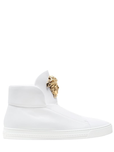 Versace Medusa Nappa Leather High Top Sneakers In White