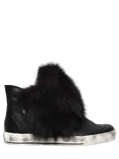 Black Dioniso 20mm Fox Fur & Leather High Top Sneakers In Black