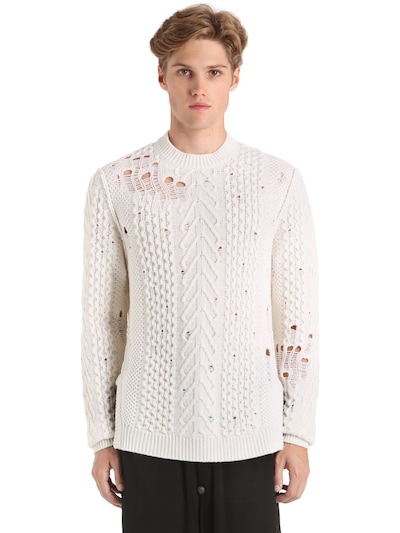 Damir Doma Destroyed Wool Knit Sweater In White