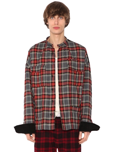 haider ackermann - 麂皮贴片填充纯棉衬衫 - 灰色/红色