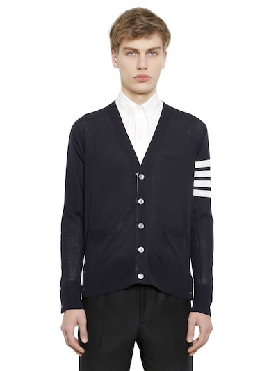 Thom Browne Intarsia Stripes Wool Milano Cardigan In Navy