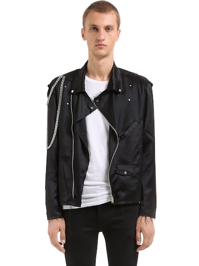 Heliot Emil Raw Cut Satin Biker Jacket W/ Chain In Black | ModeSens