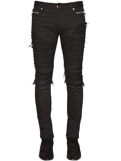 Balmain 15cm Zip Destroy Denim & Jersey Jeans In Black