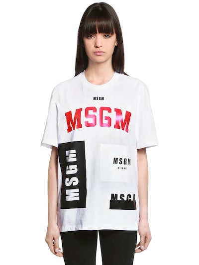 Msgm Oversized Logos Cotton Jersey T-shirt In White